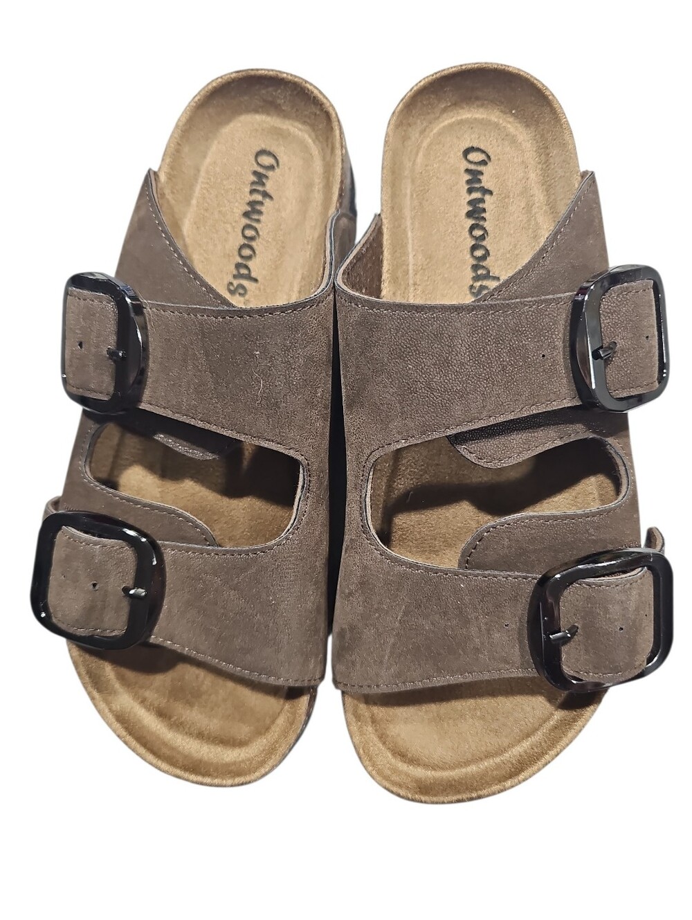 Outwoods Brown Faux Suede Cork Footbed Double Buckle Slide Sandals